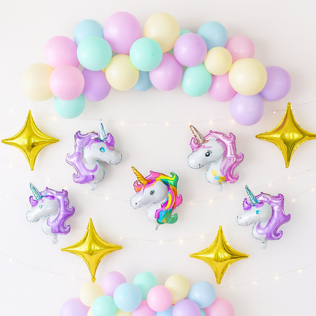 7 Pcs Pastel Unicorn Birthday Decoration Set With Balloon Garland, Foil Unicorn And Star Balloons For Girls Party